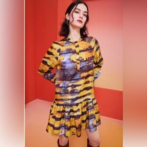 Marie Oliver Rhetta Long Sleeve Mini Dress, Gold & Blue Multi Color, Medium NWOT